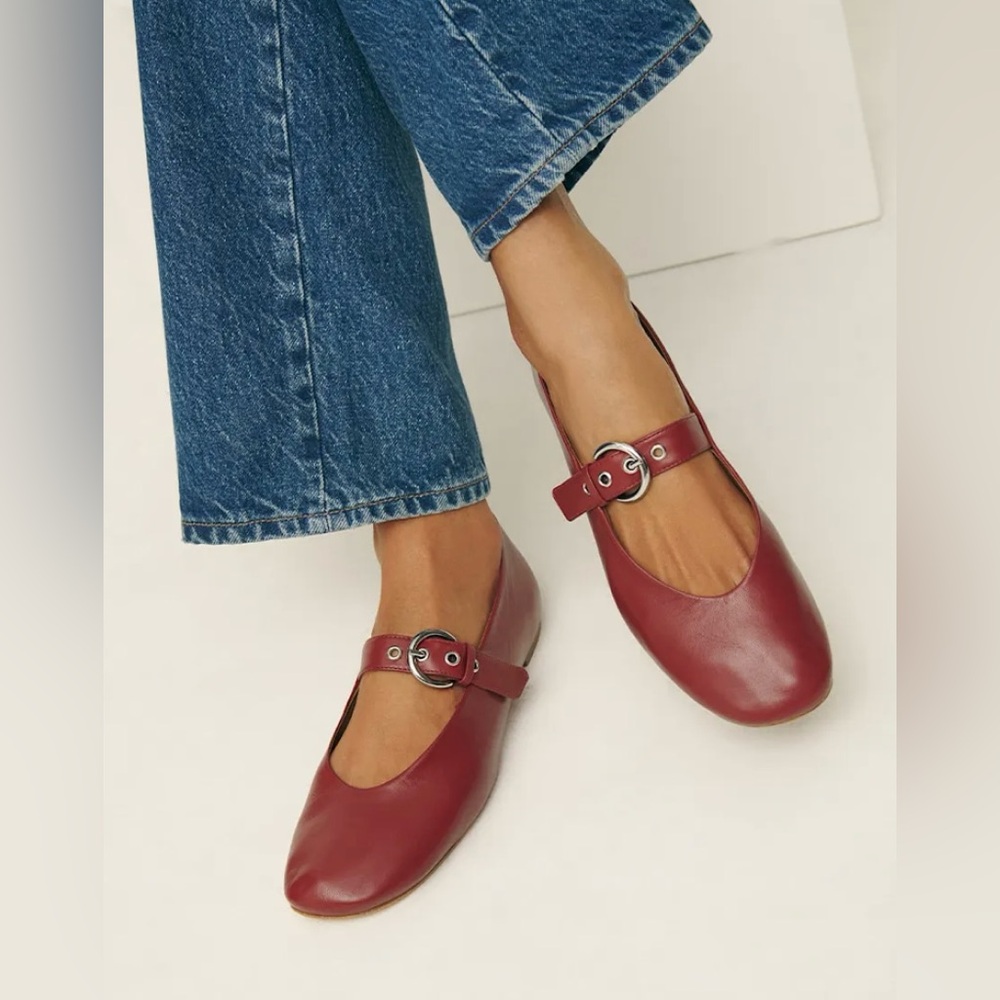 NWOB Reformation Bethany Mary Jane Flats red burgundy nappa leather